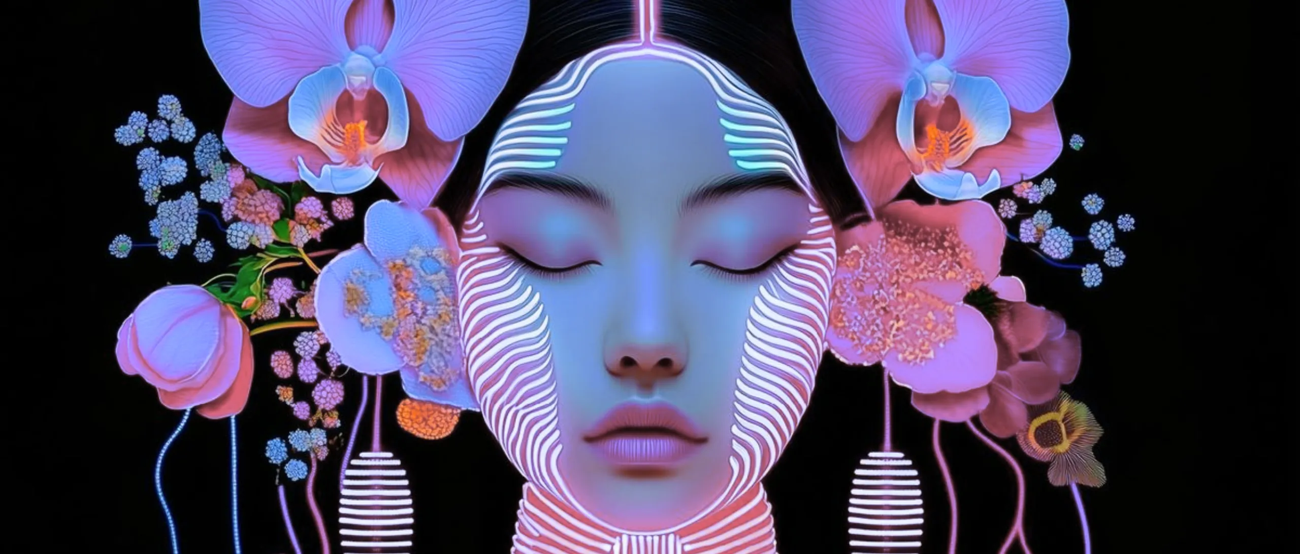 Ilustración conceptual de mujer en meditación con patrones neuronales y flores, representando microdosis, terapia y neuroplasticidad cerebral.