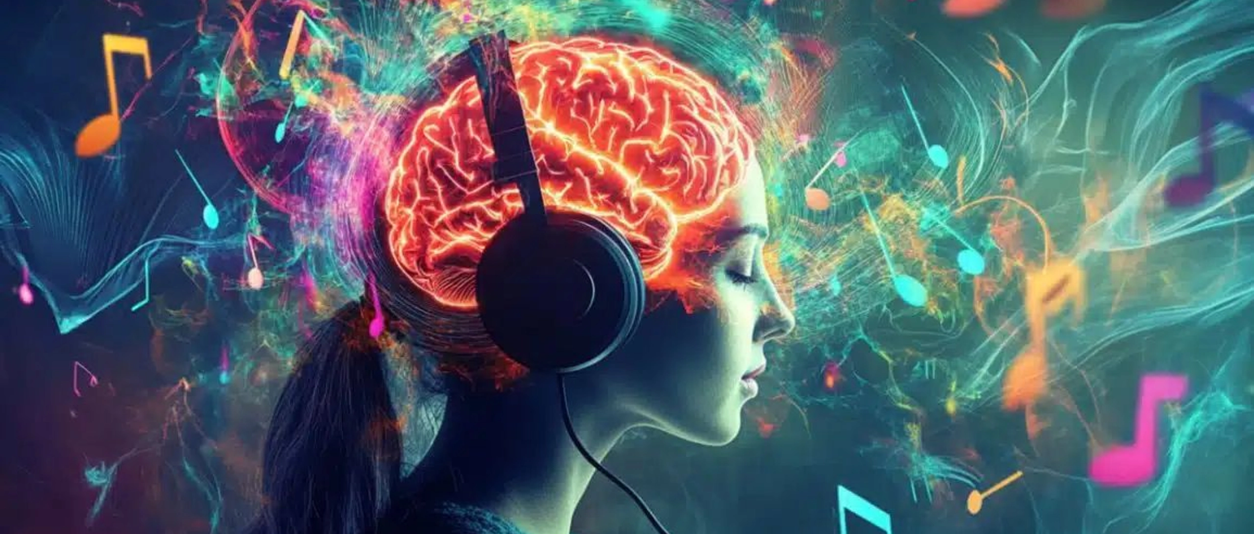 ilustracion de cerebro activado por musica electronica con auriculares y estimulos visuales que representan actividad neuronal